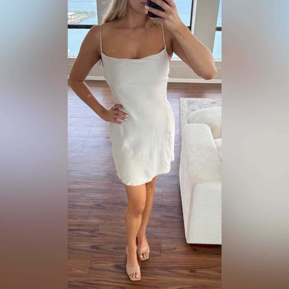 Zara Satin Ivory Slip Dress with Rhinestone Strap XS
